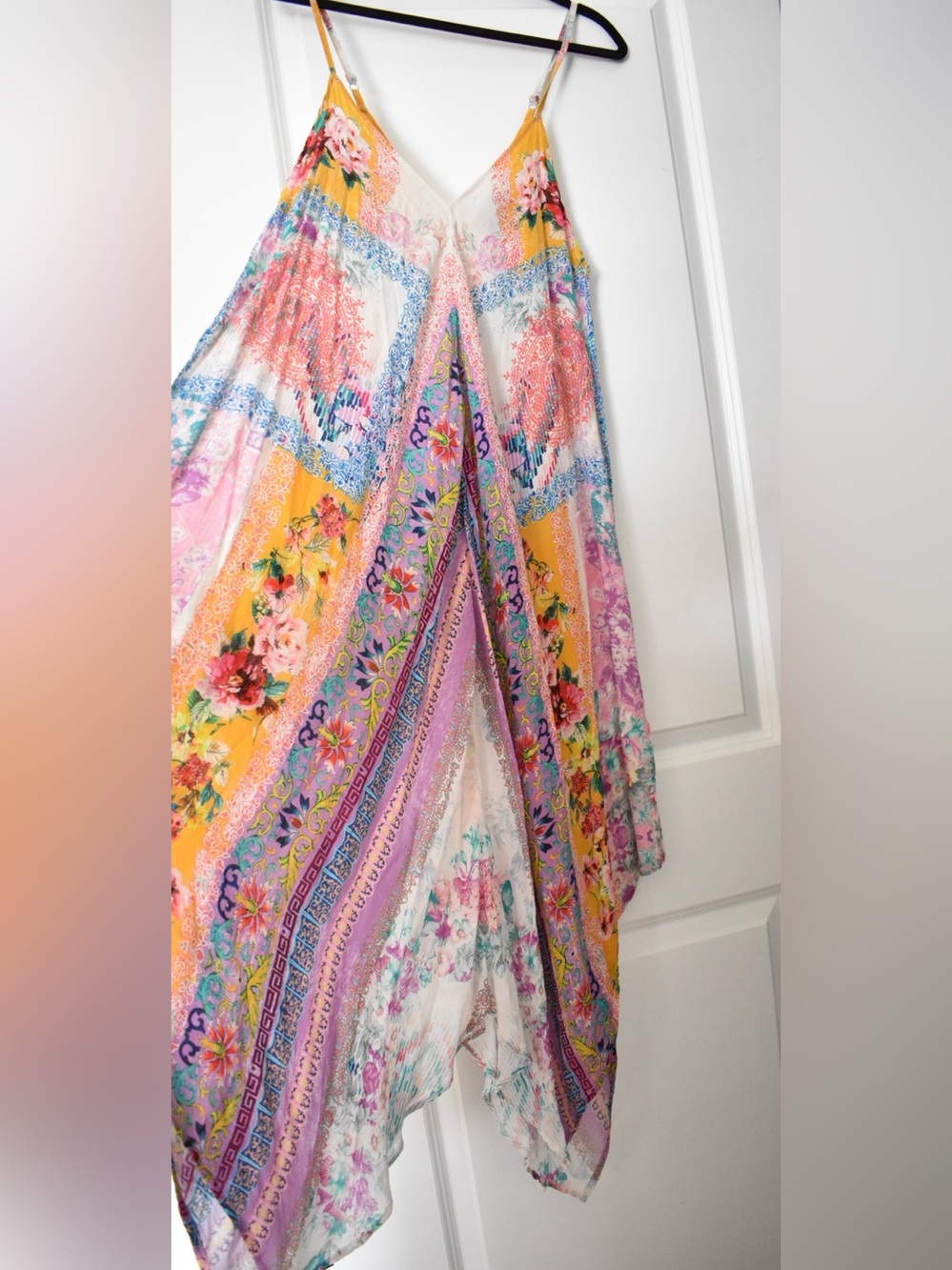 Tropical Feathers by Tolani Handkerchief Hem Maxi Dress Size Large 100% Cupro - Picture 3 of 9